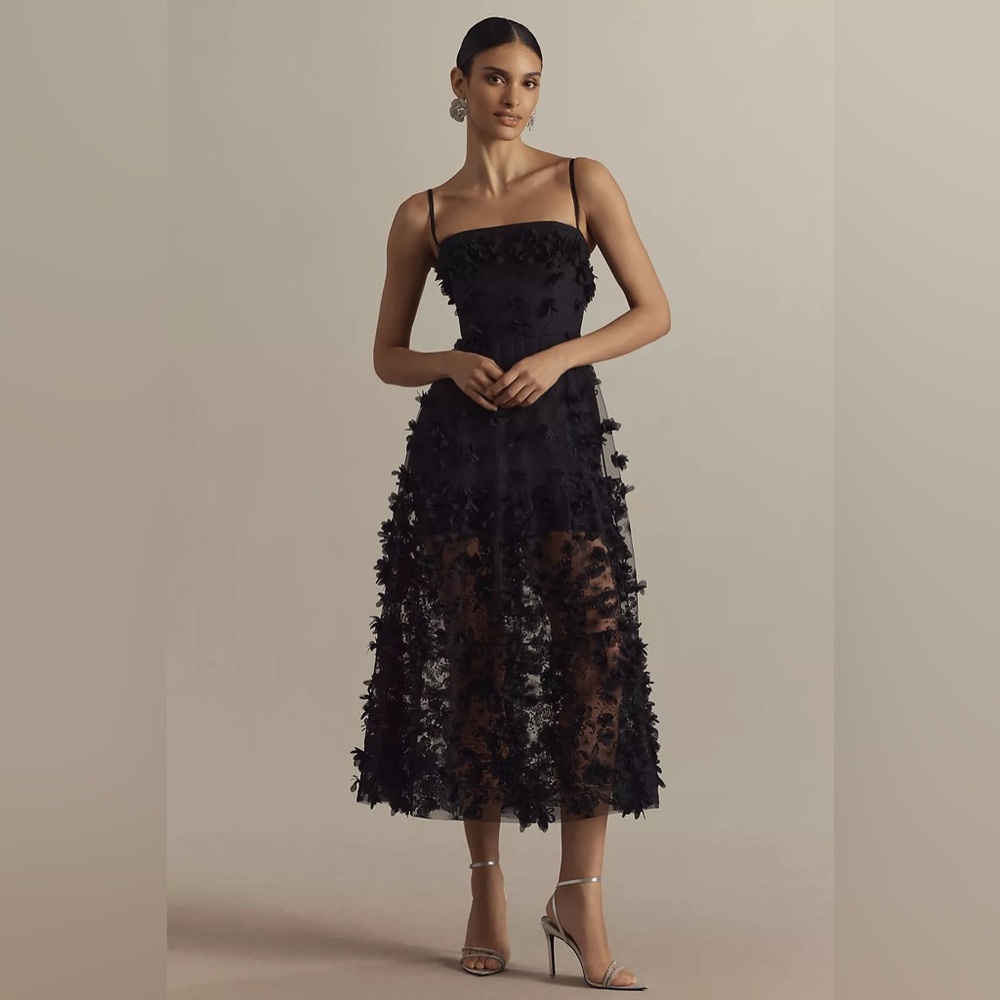 HELSI AUDREY SQUARE-NECK FLORAL APPLIQUE SHEER MIDI DRESS